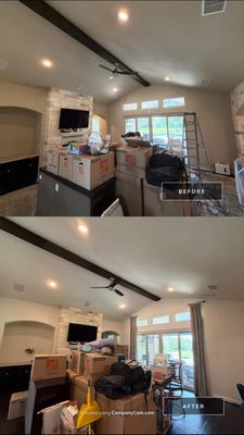 Before and after photo of a living room repainted white by Hill Country Painting in Driftwood, TX