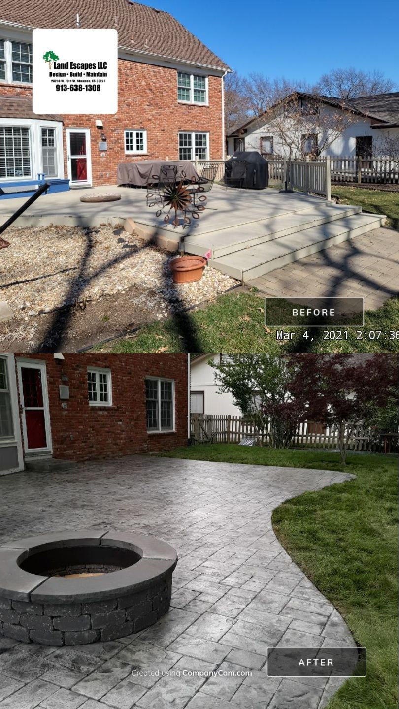Back Yard Stamped Patio by LAND ESCAPES LLC