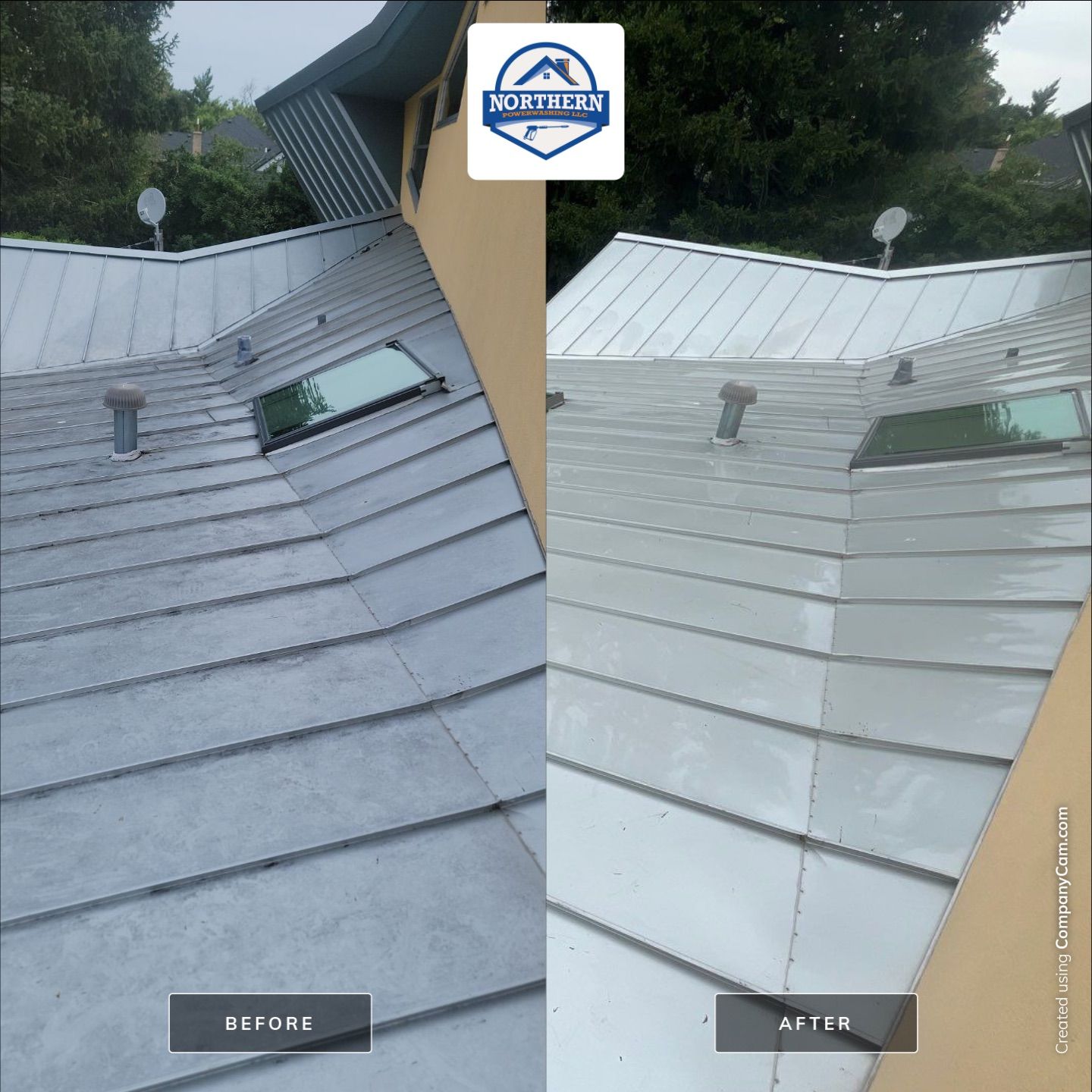 roof washing using Algaecide, soft wash soap by Northern Power Washing LLC.