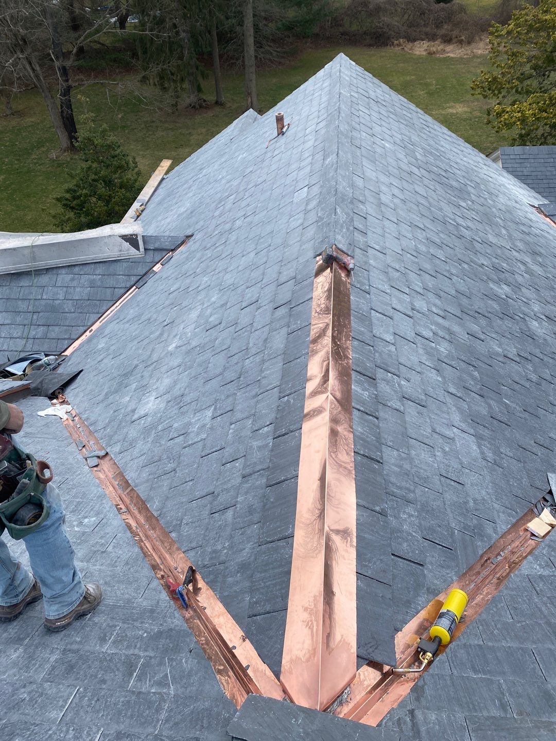 Residential Roofing Installation using Vermont Slate by A Plus Exterior