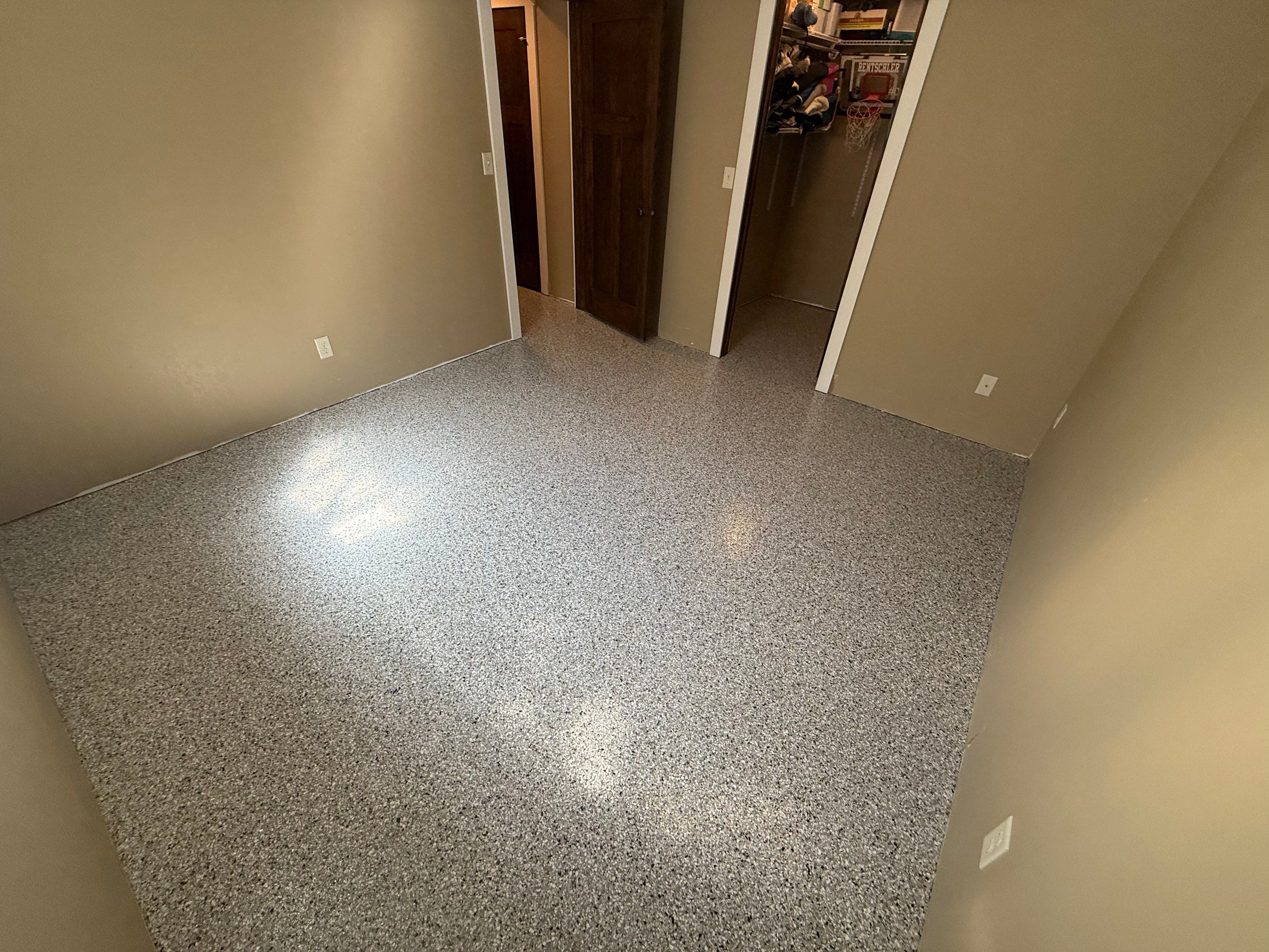 Decorative Flake Concrete Floor Coating for Larchwood Basement by Select Painting, Coatings & Garage Cabinets