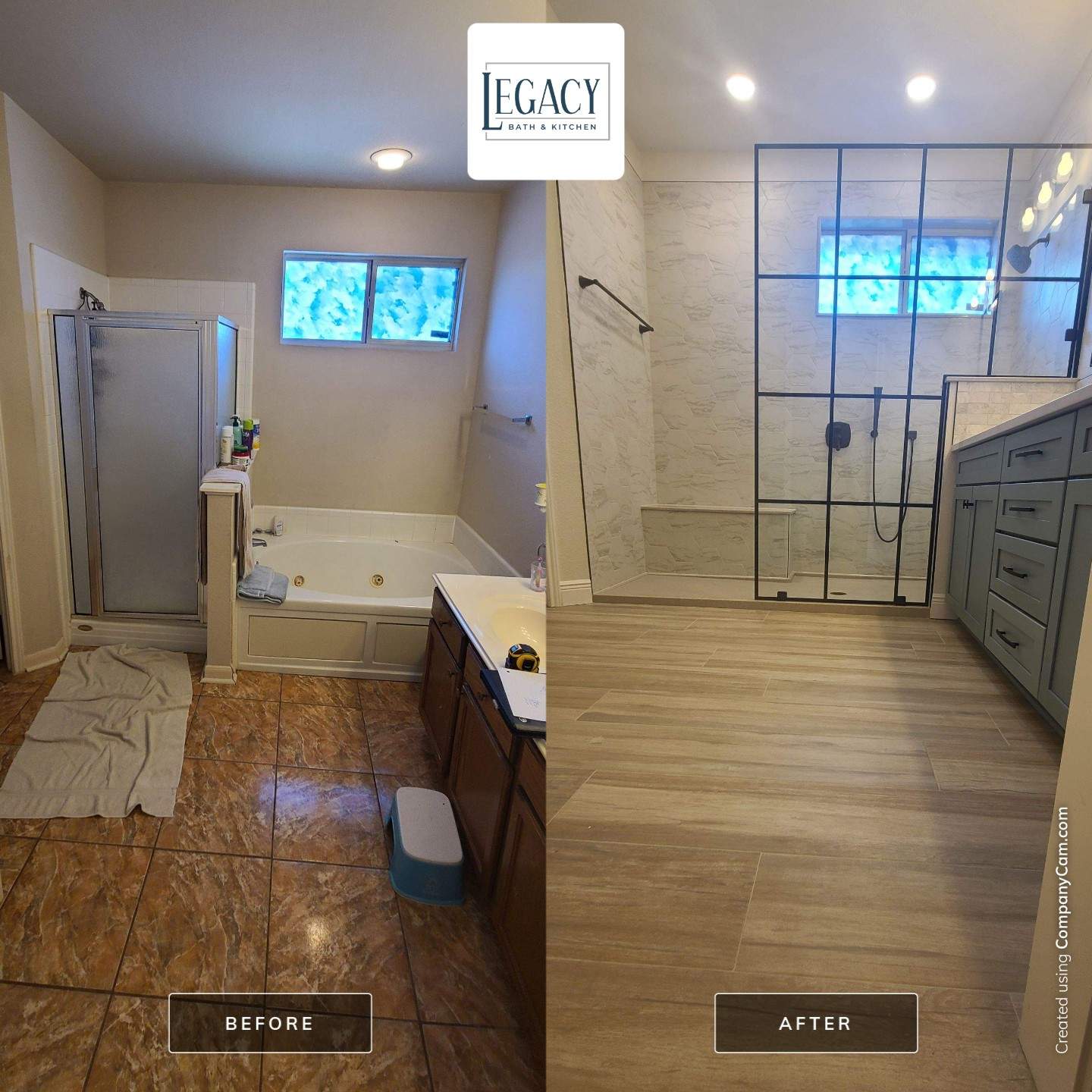 Stone Oak Bathroom Remodel with Paned Shower Glass by Legacy Bath and Kitchen