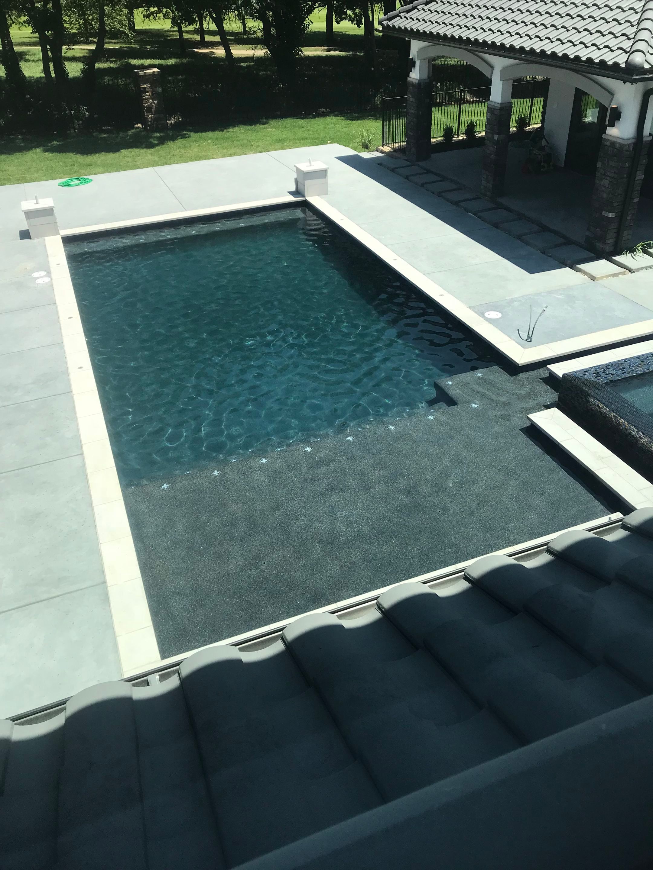 Modern Geometric Pool with Raised Spa and Glass Tile by Pinnacle Pools and Spas - DFW