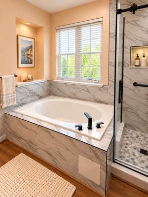 Modern Bathroom Remodel with Custom Walk-In Shower & Soaking Tub by Remodel Now