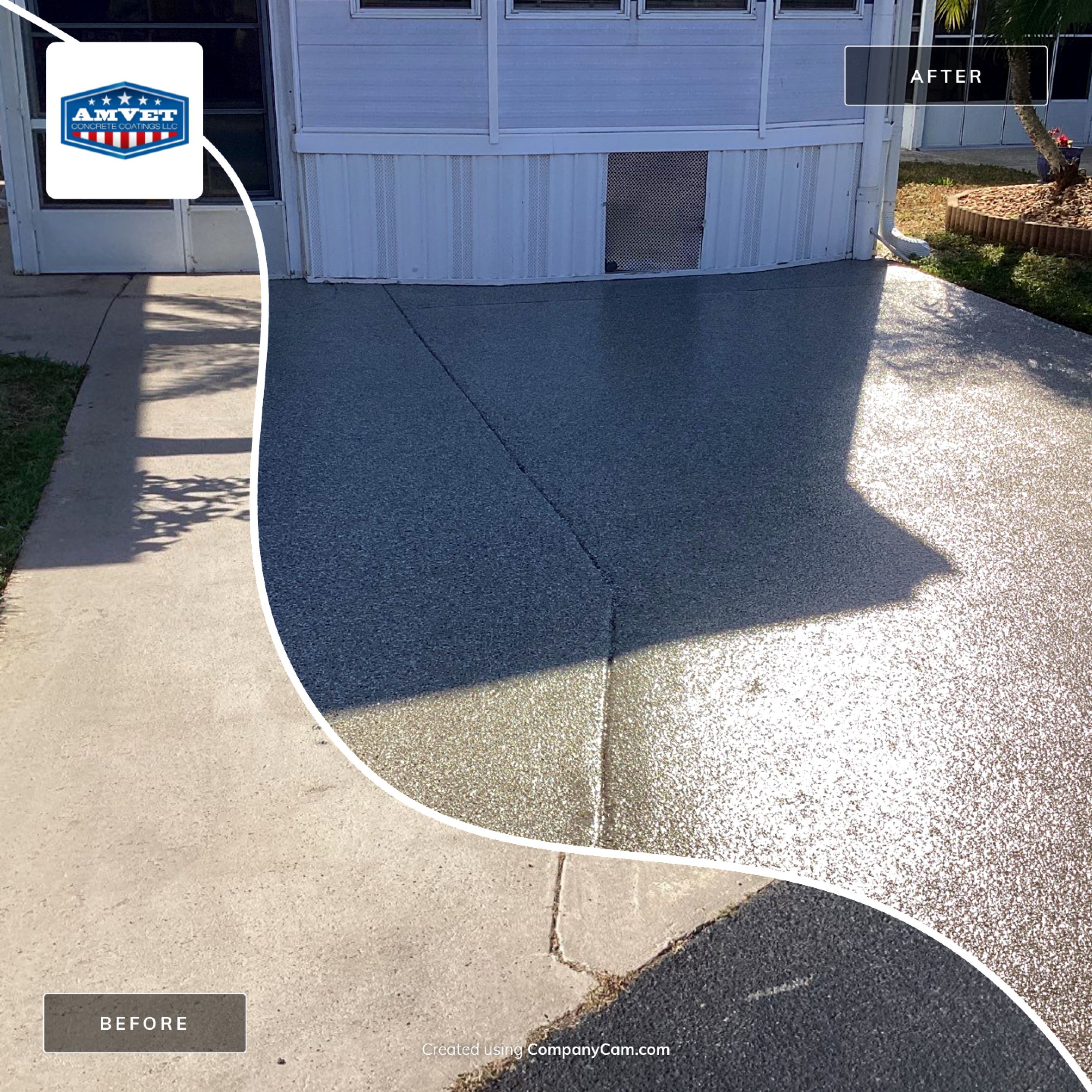 Driveway using Pebble Beach by Amvet concrete coatings llc