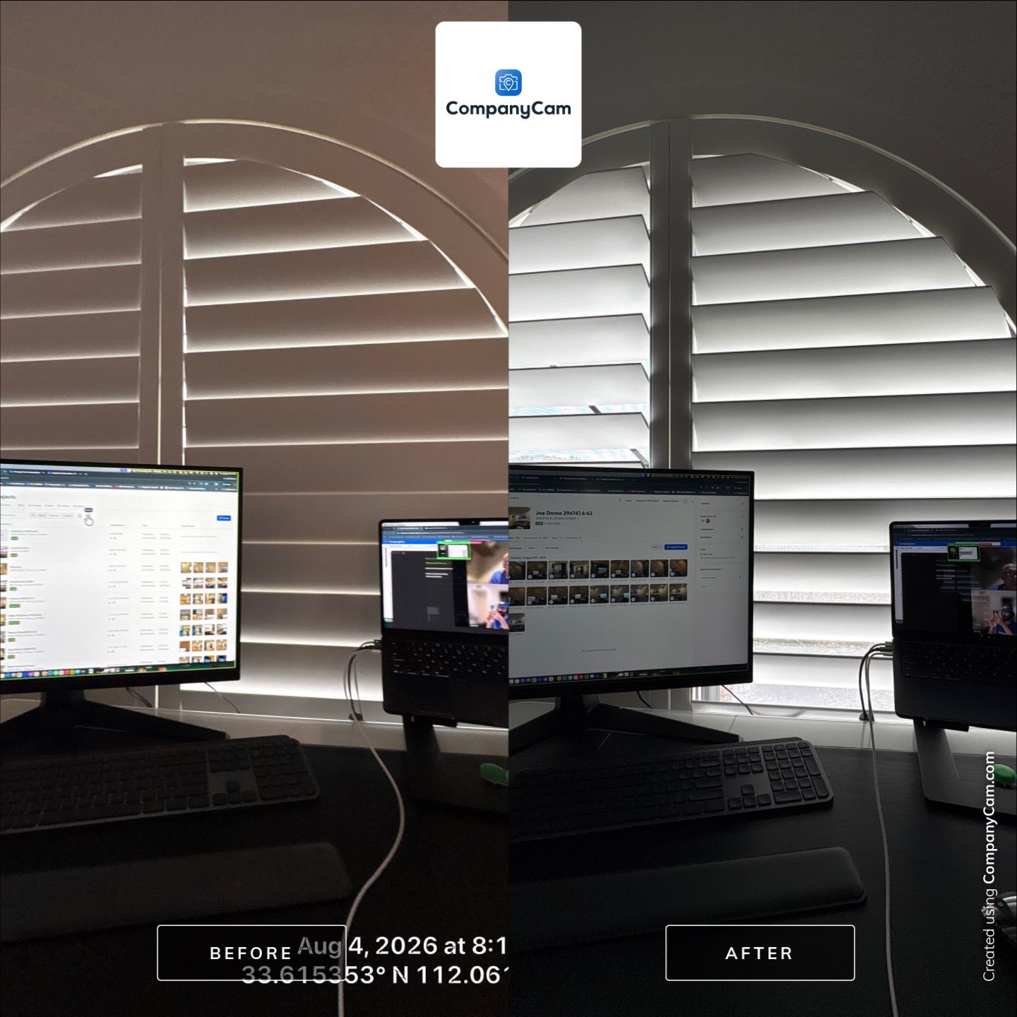 Phoenix Home Office Setup with Custom Arched Plantation Shutters by CompanyCam Sales Demo