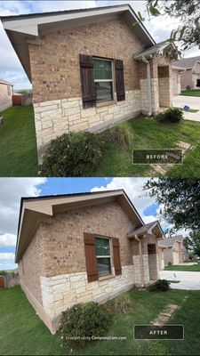 Before and after photo of a front gable and shutters repainted by Hill Country Painting in Leander, TX