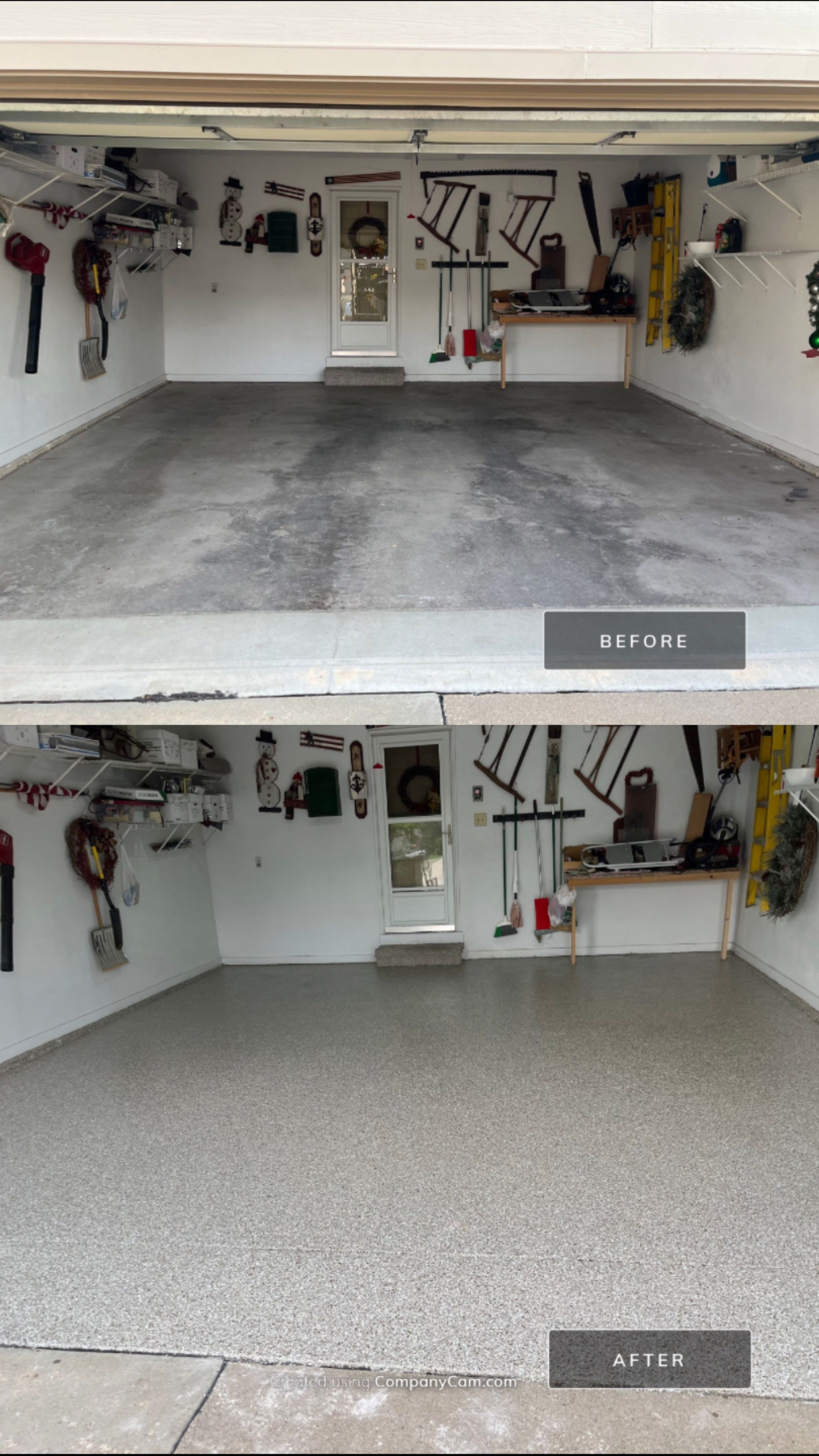 West Des Moines Garage and Patio Floor Coating using Pebble Beach Flakes by Revival Concrete Coatings