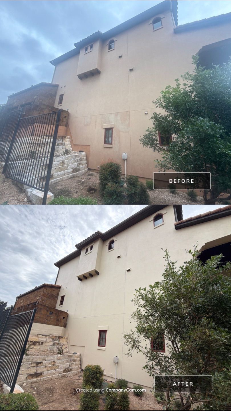 Before and after photo of a home's side elevation repainted by Hill Country Painting in Lakeway, TX