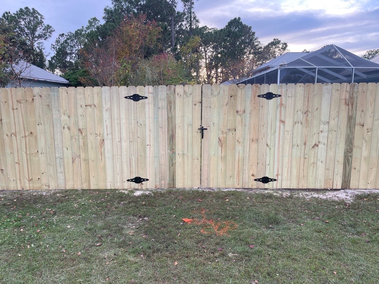 6' WOOD PRIVACY WITH 14' DOUBLE DRIVE GATE using PRESSURE TREATED PINE by Hip Square Fence Inc.