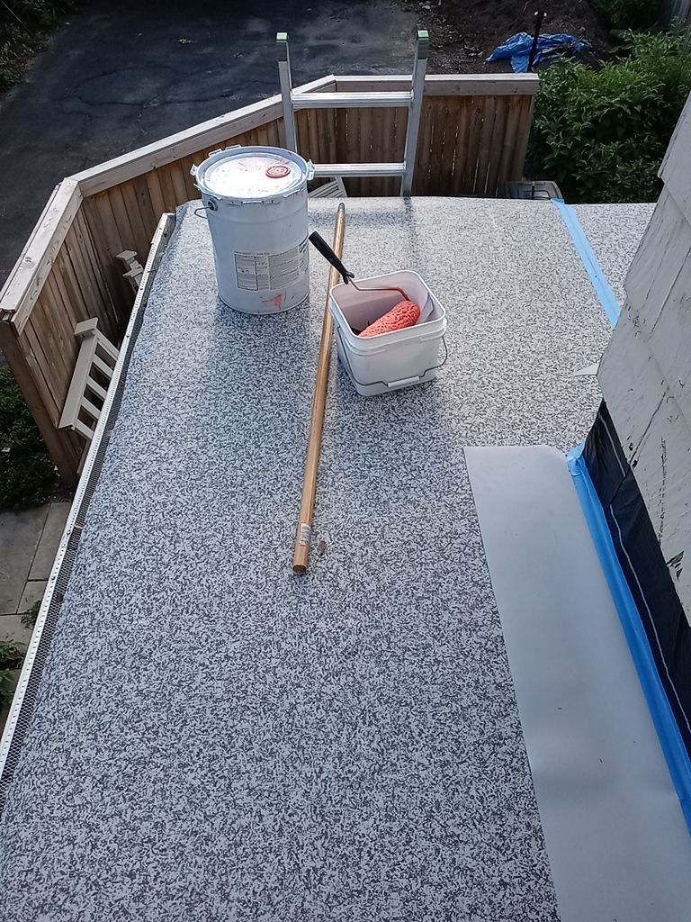 Residential Roofing Installation, Dec-tek walk-out porch roof, siding on garage by Absolute Roofing and Construction