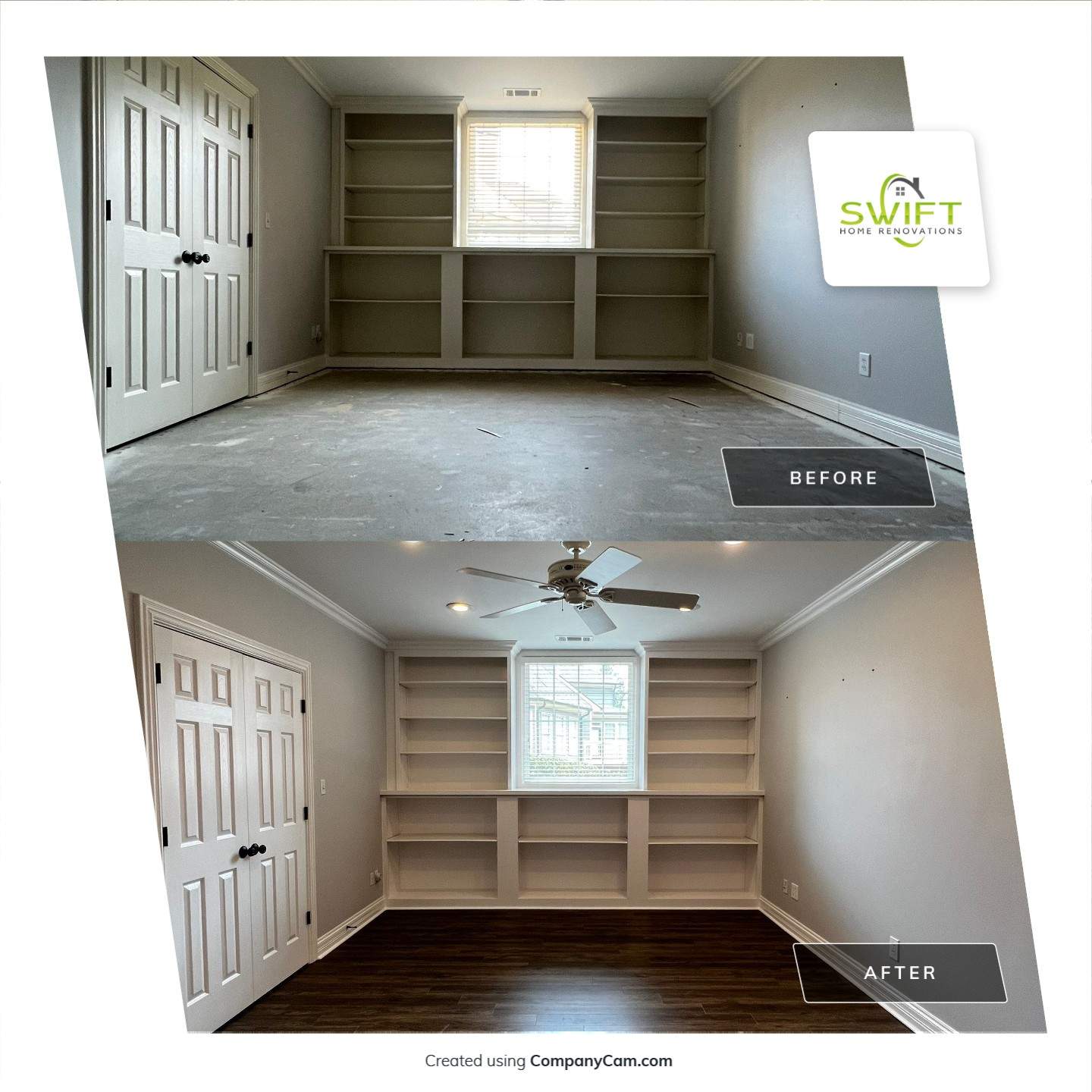 Finished Basement Remodeling with Dark Wood-Look Flooring and Custom Wainscoting by Swift Home Renovations 