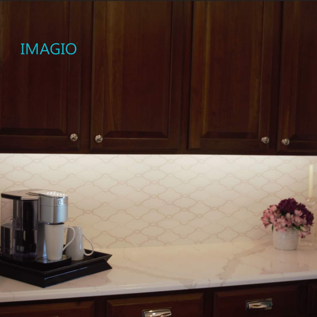 Kitchen Remodel using IMAGIO Solid Glass Backsplash Arabesque Drops by IMAGIO