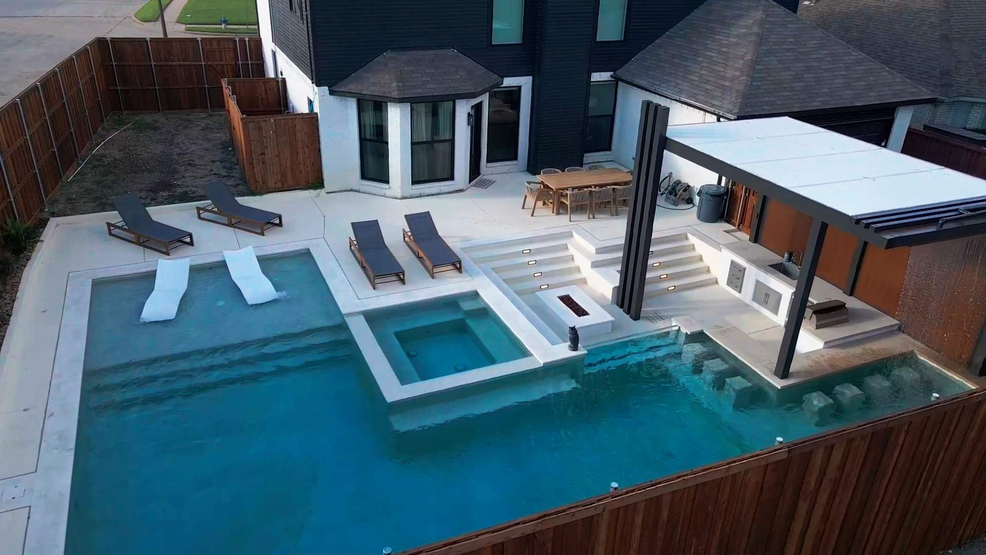 Modern Geometric Pool with Cabana and Fire Feature by Pinnacle Pools and Spas - DFW
