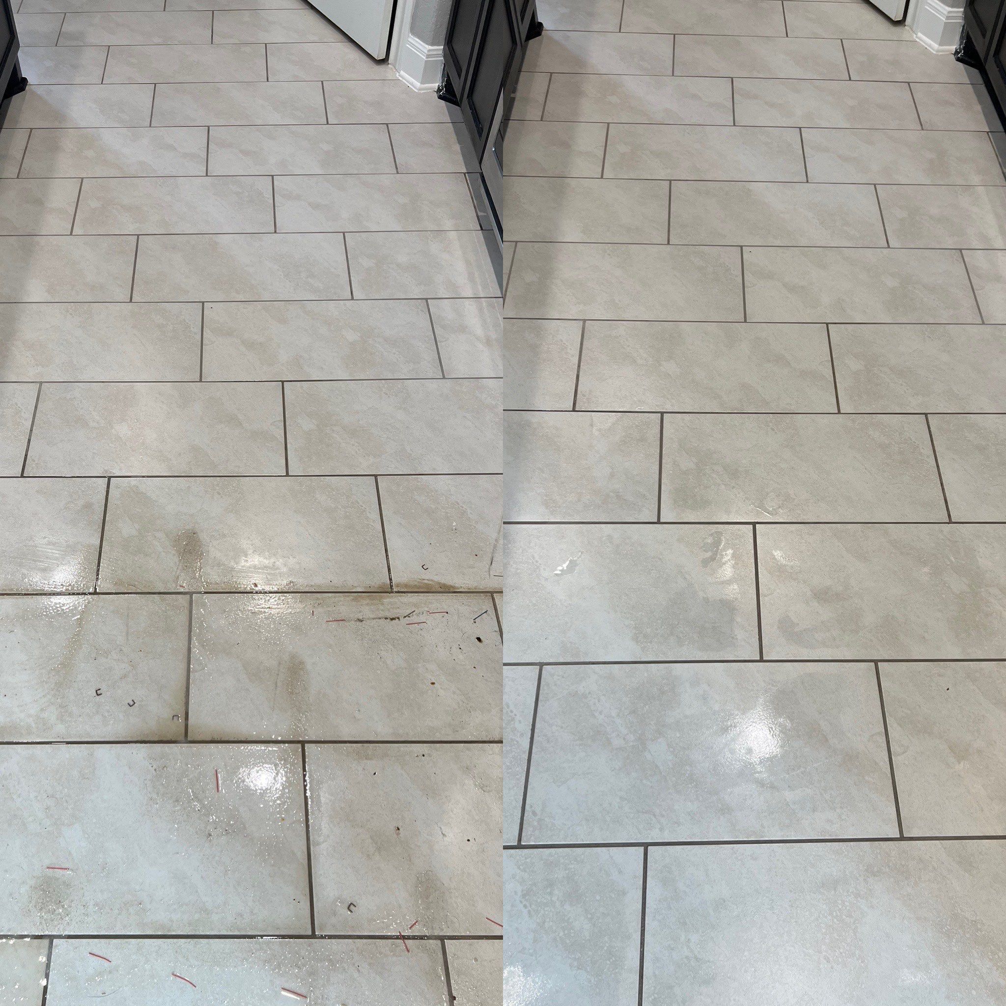 the service shows professional cleaning of tiled floors removing dirt and debris for a polished appearance and sanitation