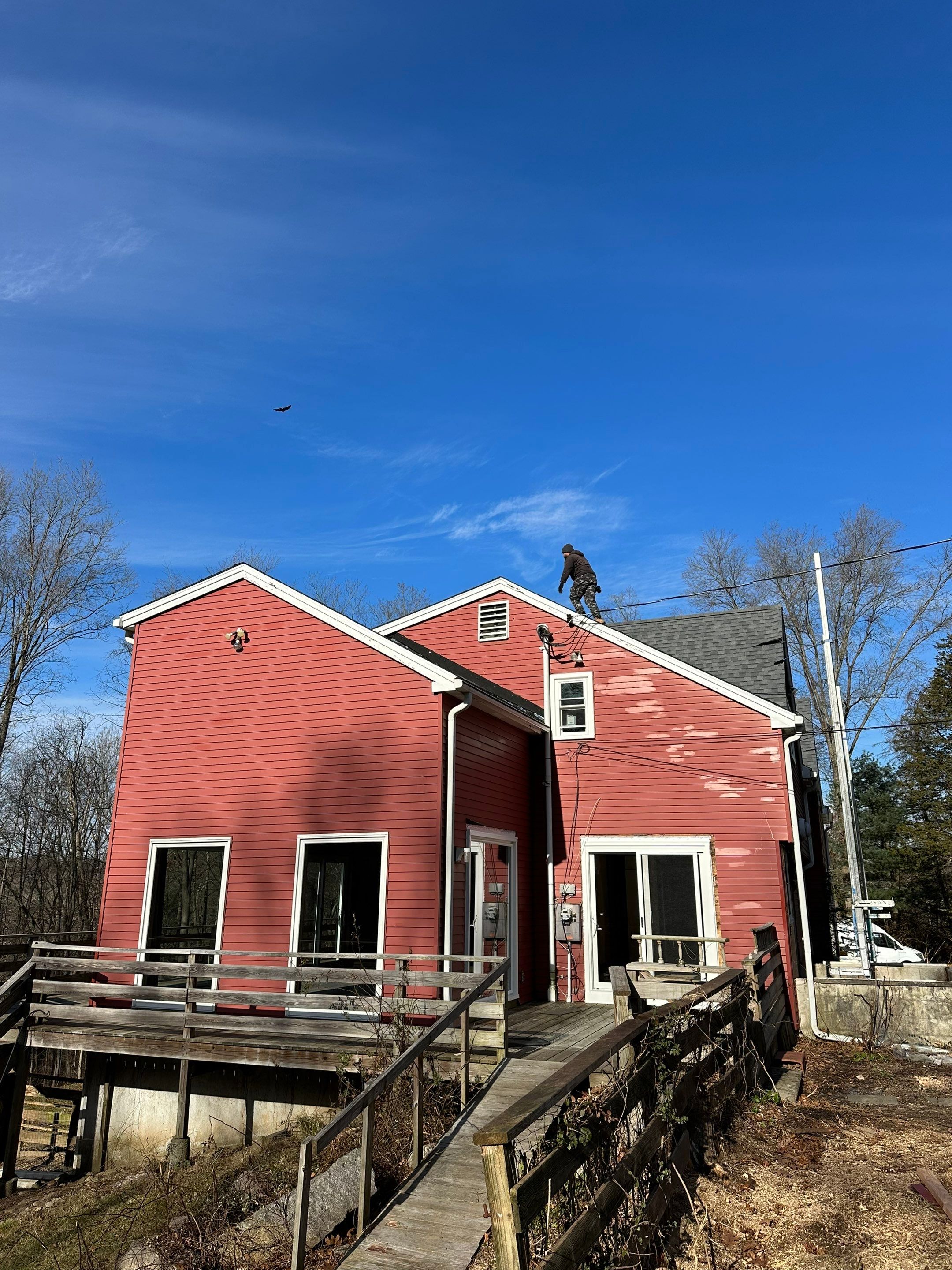 Residential Roofing Installation using Owens Corning TruDefinition Duration AR - Estate Gray & White Double 4 Siding by A Plus Exterior