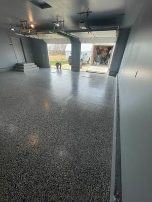 Grey Granite-Style Garage Floor Coating and Stairs in Hartford