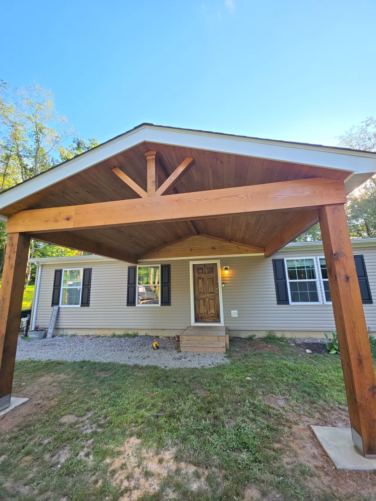 Custom Timber Frame Gable Porch Addition in Leechburg by Cousins Roofing Siding & Decks