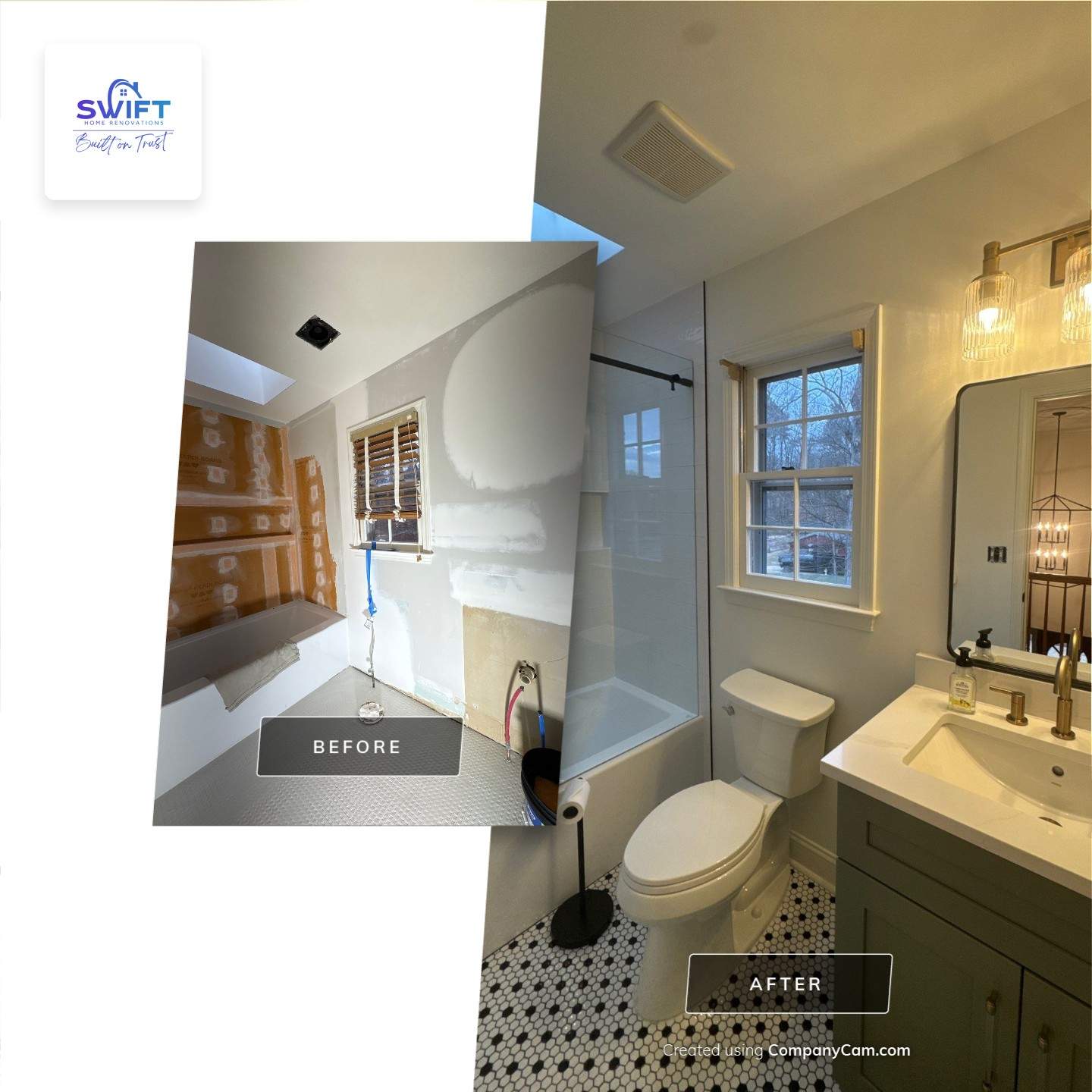 Smyrna Bathroom Remodel Featuring Sage Green Vanity and Hexagonal Tile by Swift Home Renovations