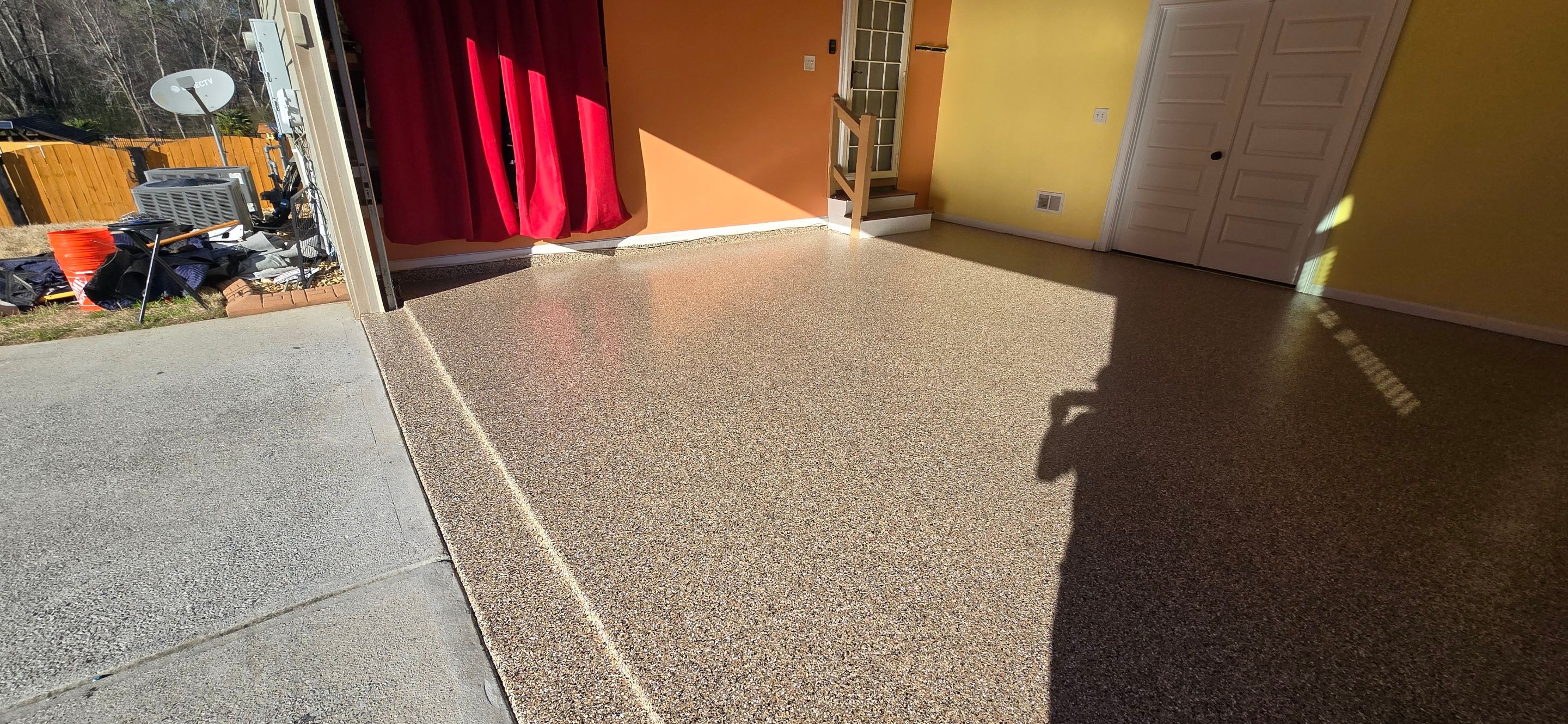 Garage floor transformation using outback color flake by Opus Renovations 