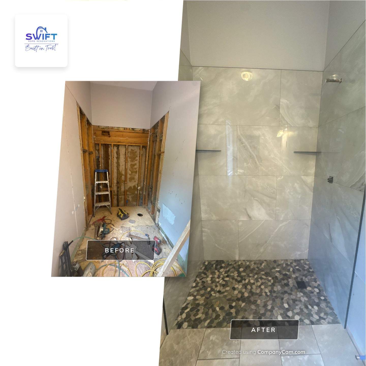Marietta Bathroom Remodel with Marble Tile and Pebble Floor by Swift Home Renovations