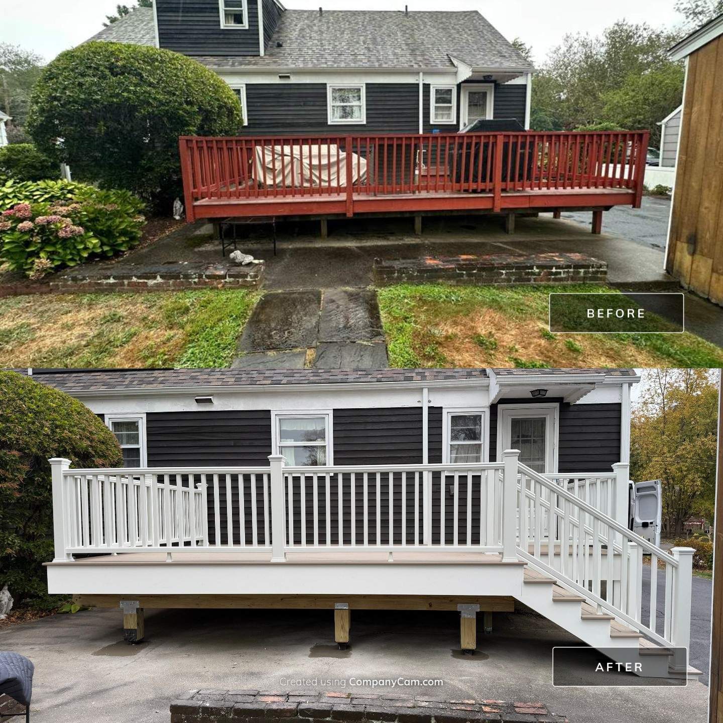 Deck replacement, using Trex Transcend Rope Swing, Transcend railings with ada graspable handrail. in white. by DiGiorgi Roofing and Siding Inc