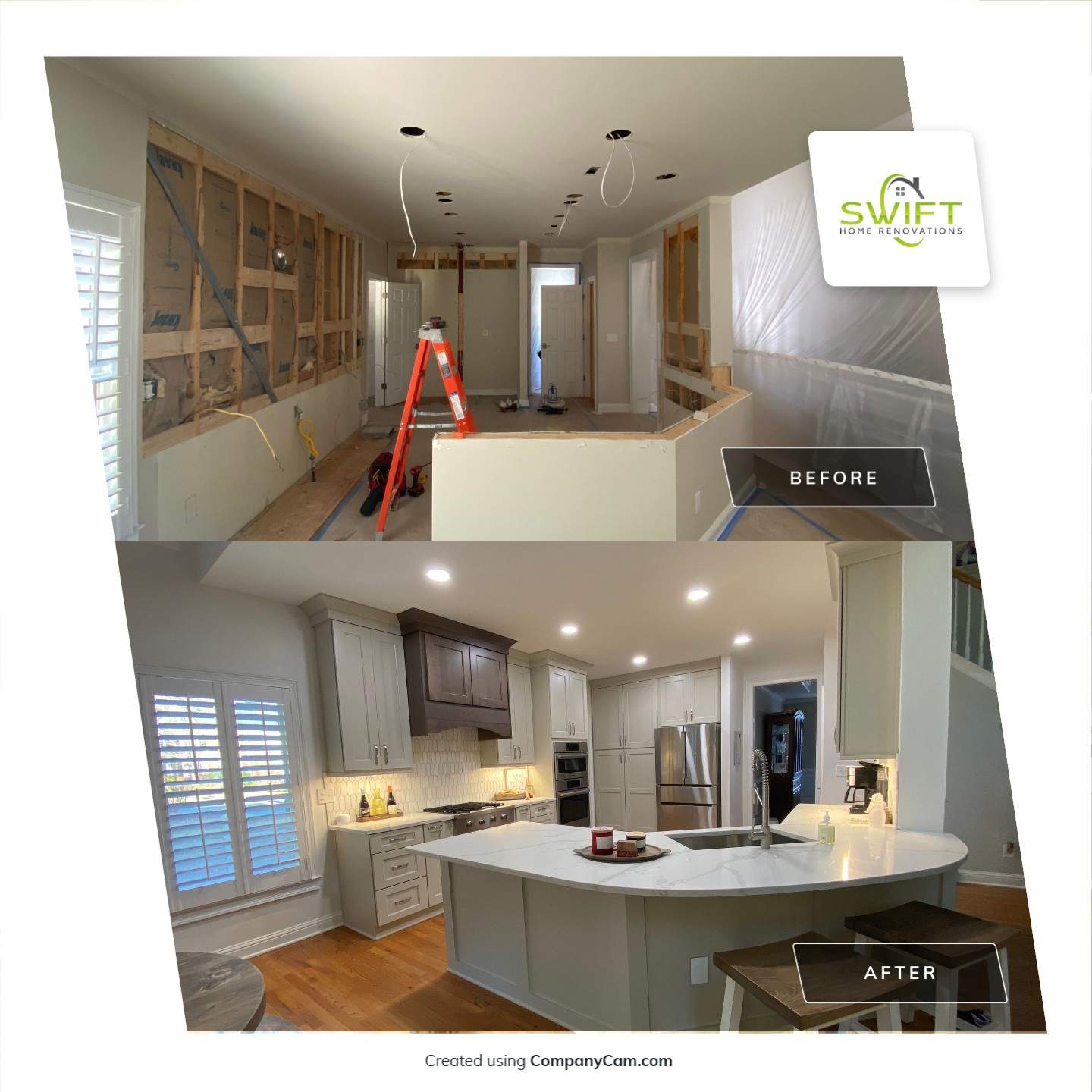 Modern Kitchen Remodeling with Quartz Island and Custom Vent Hood in Woodstock by Swift Home Renovations