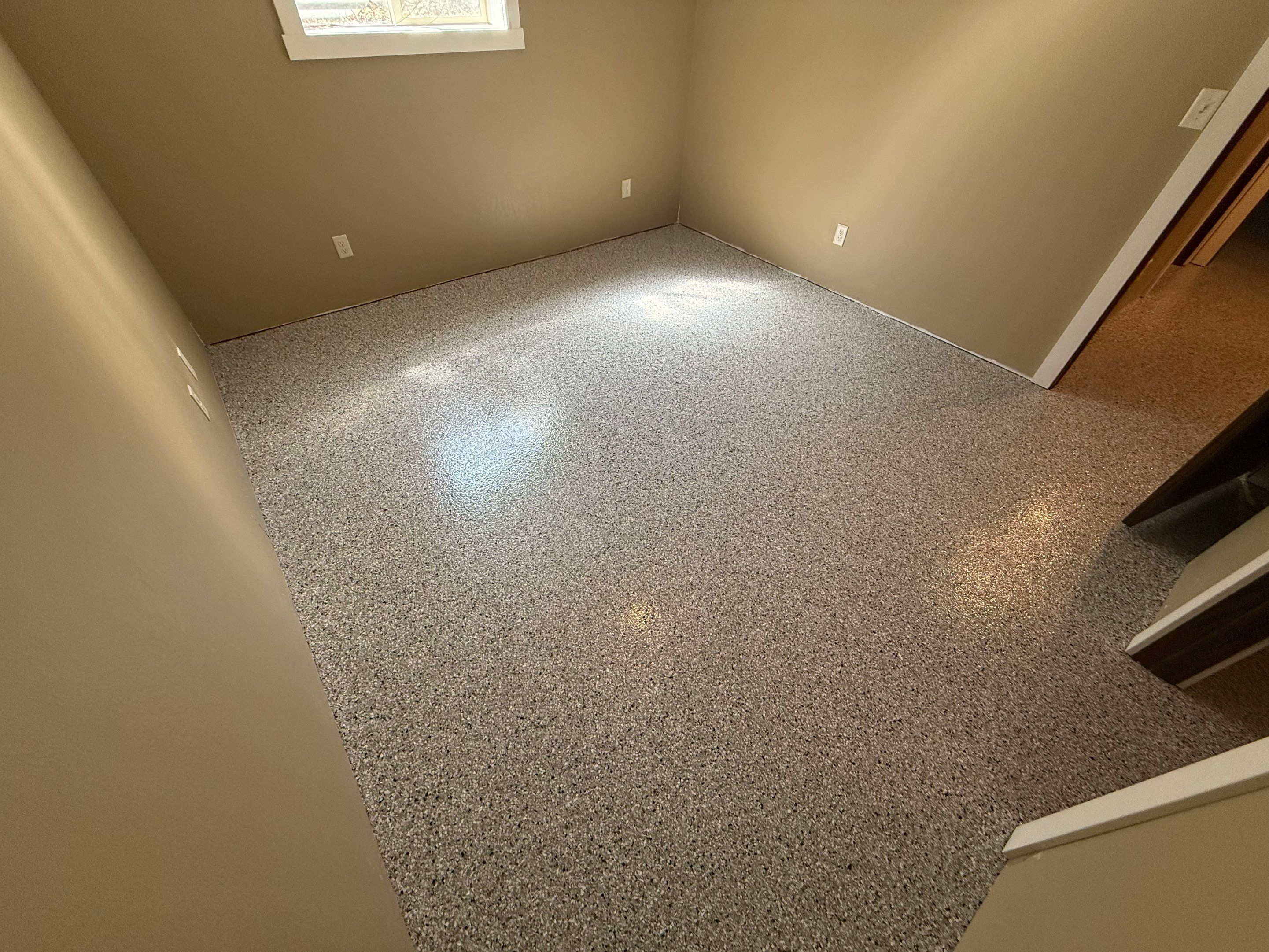 Decorative Flake Concrete Floor Coating for Larchwood Basement by Select Painting, Coatings & Garage Cabinets