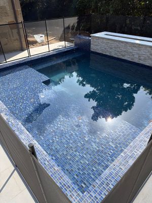 Geometric Pool with Raised Spa and Blue Tile