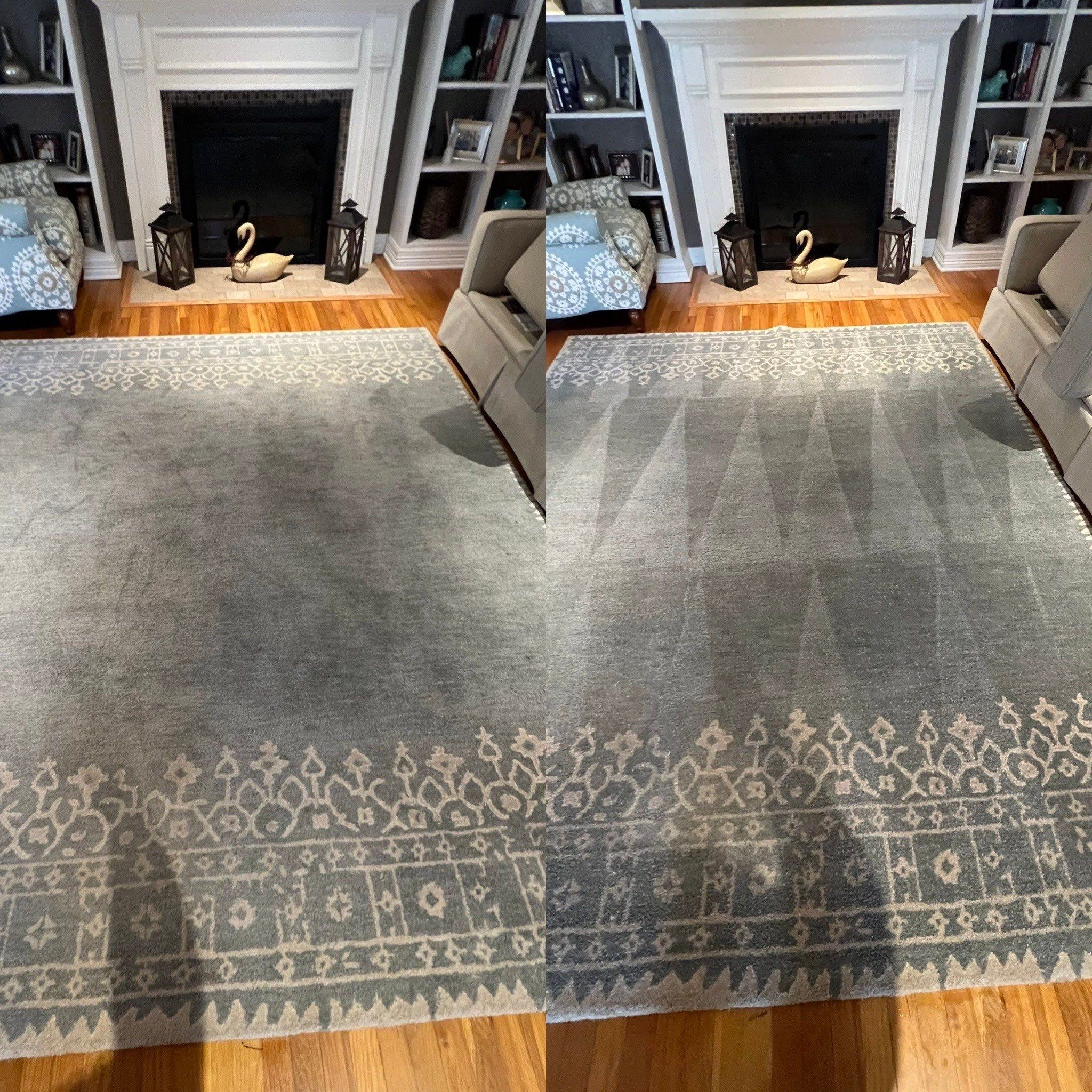 the service being done is carpet cleaning showing before and after results with significant dirt removal and restored appearance