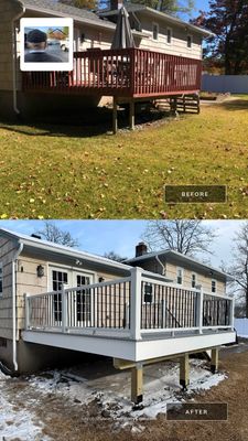 Deck replacement using Trex Lineage Rainier , and Transcend White railing.