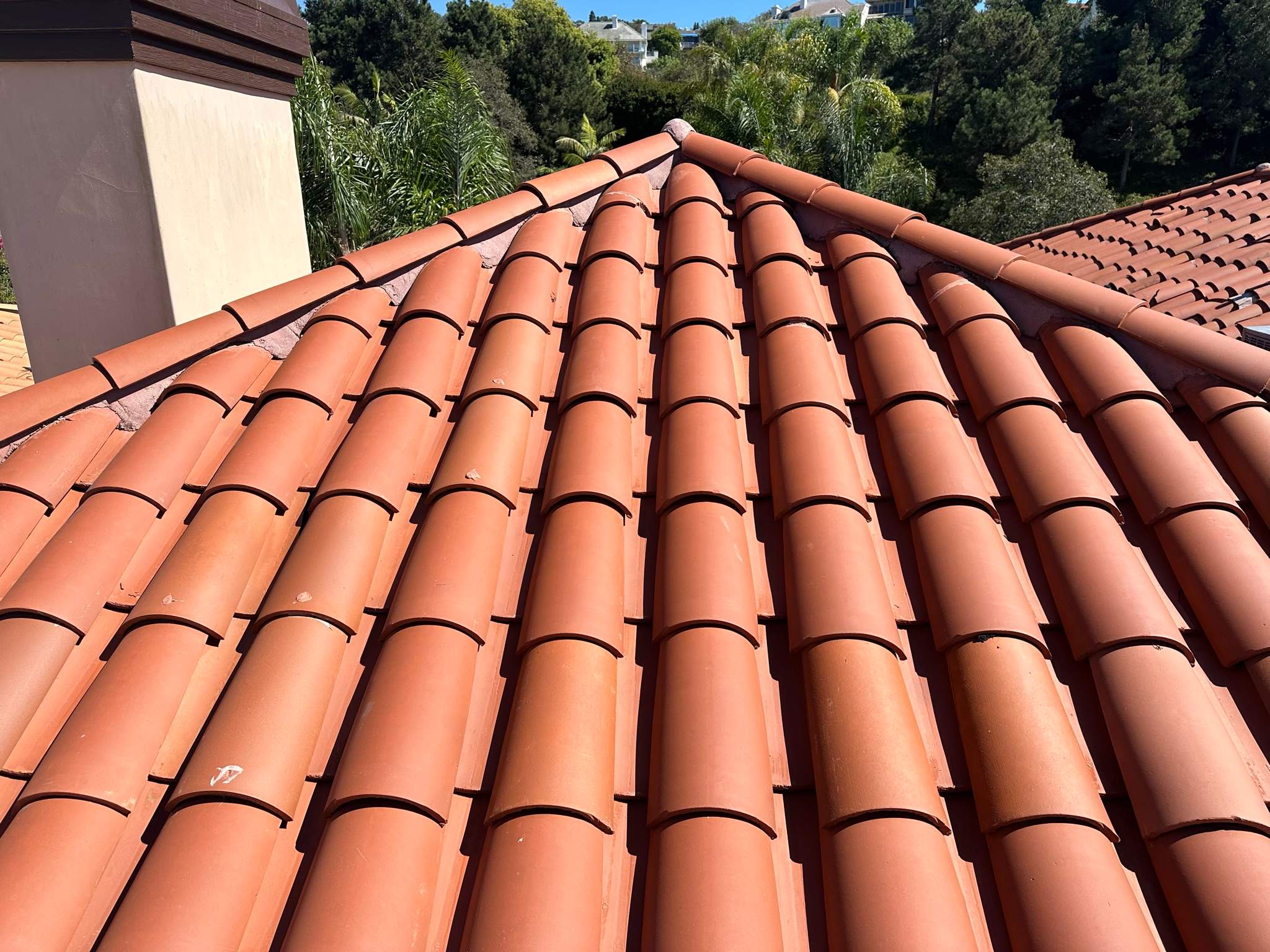 Orange County Clay Tile Roof Soft Wash on Unwalkwable Roof by Property Cleaning Experts
