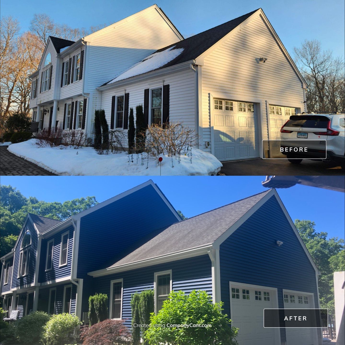 Siding facelift with Cert Monogram D/4 x16'8" clapboard, Midnight Blue & Cert Monogram D4x25' clapboard, Midnight Blue by DiGiorgi Roofing and Siding Inc