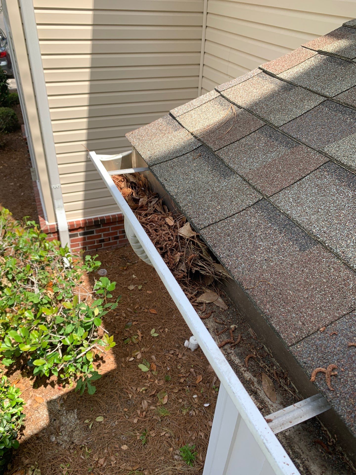 Commercial gutter cleaning Leland & Hampstead, NC before photo with filled gutters