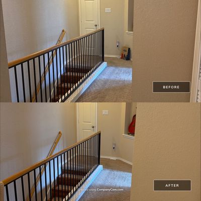 Before and after photo of a stairwell and hallway repainted by Hill Country Painting in Austin, TX