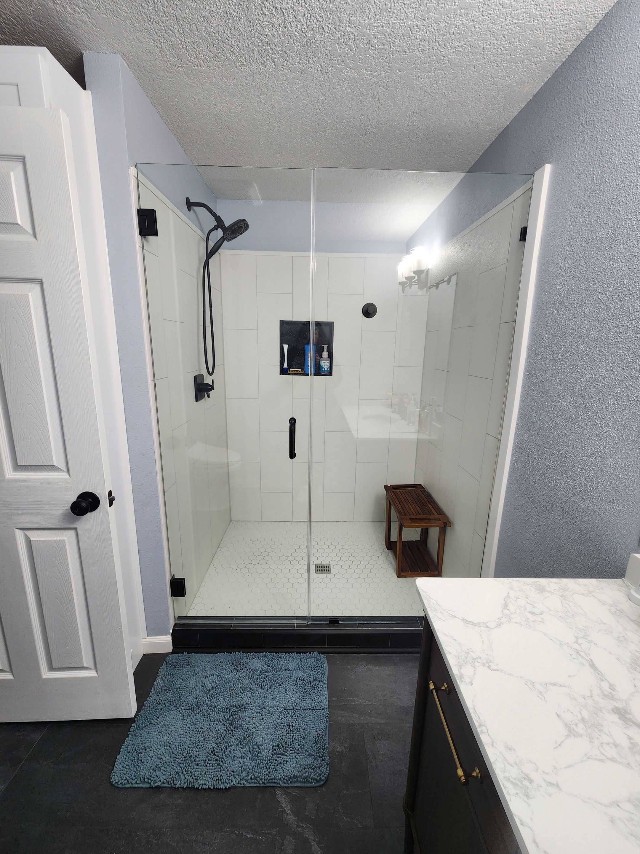 Full Bathroom Remodel in Portland with Hexagonal Tile and Custom Shower by American Made Construction 