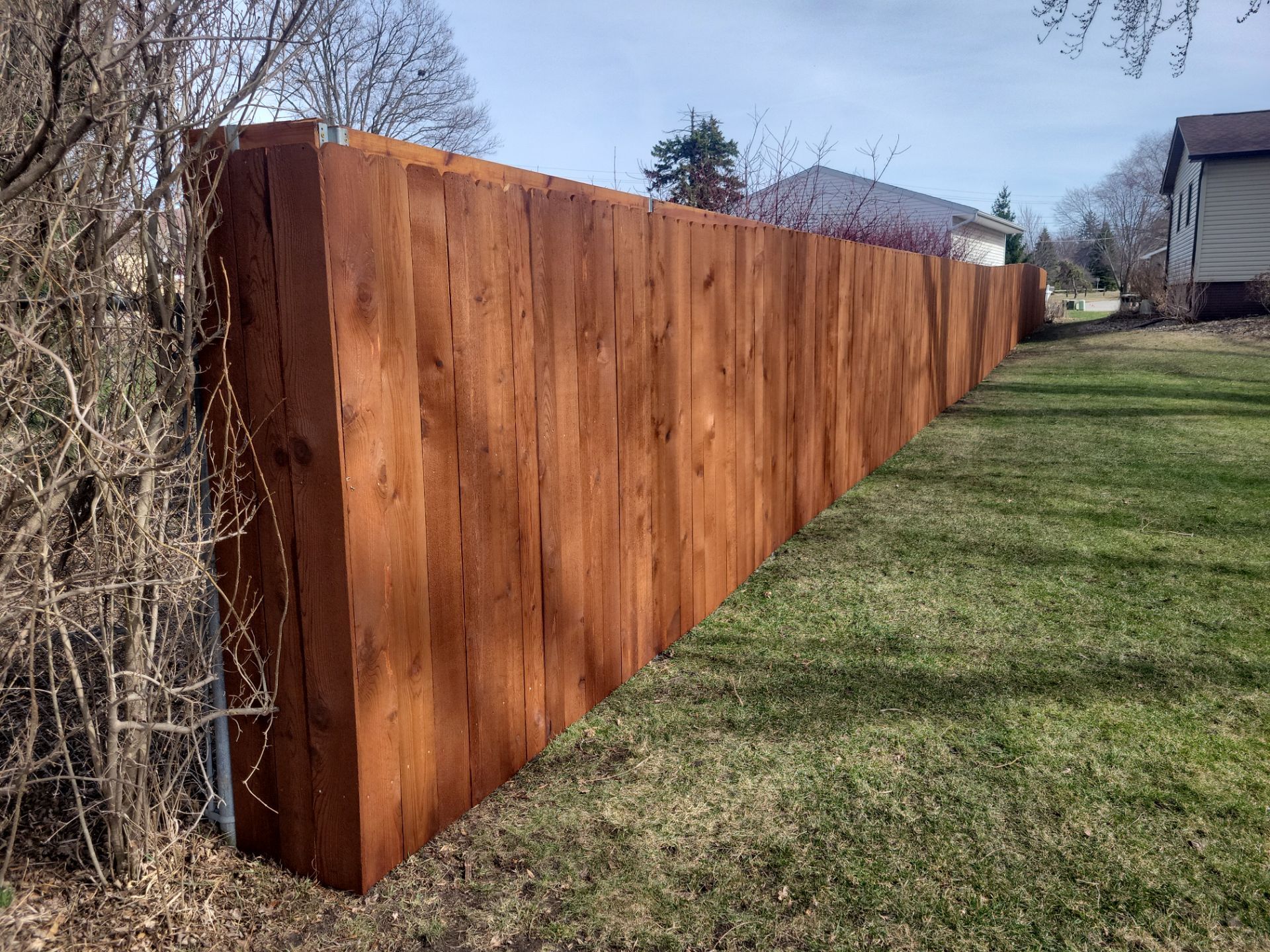 Custom Cedar Wood Privacy Fence with Double Gates and Integrated Planter Mailbox by Perfect Picket Fence and Stain