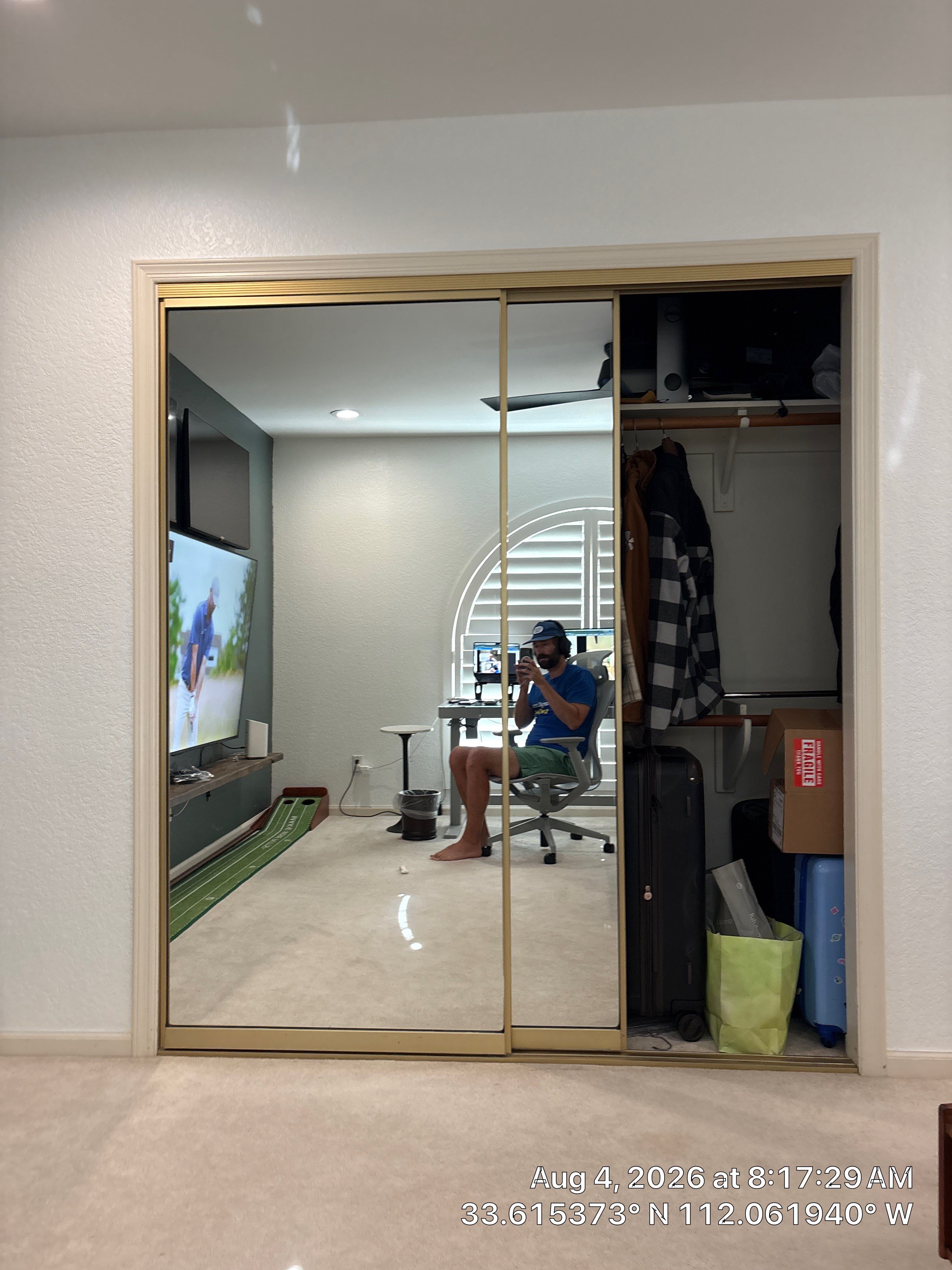 Phoenix Home Office Setup with Custom Arched Plantation Shutters by CompanyCam Sales Demo