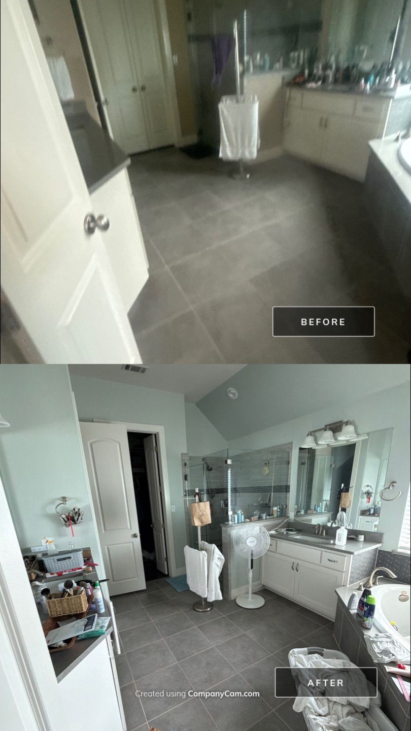 Before and after photo of a master bathroom repainted by Hill Country Painting in Liberty Hill, TX