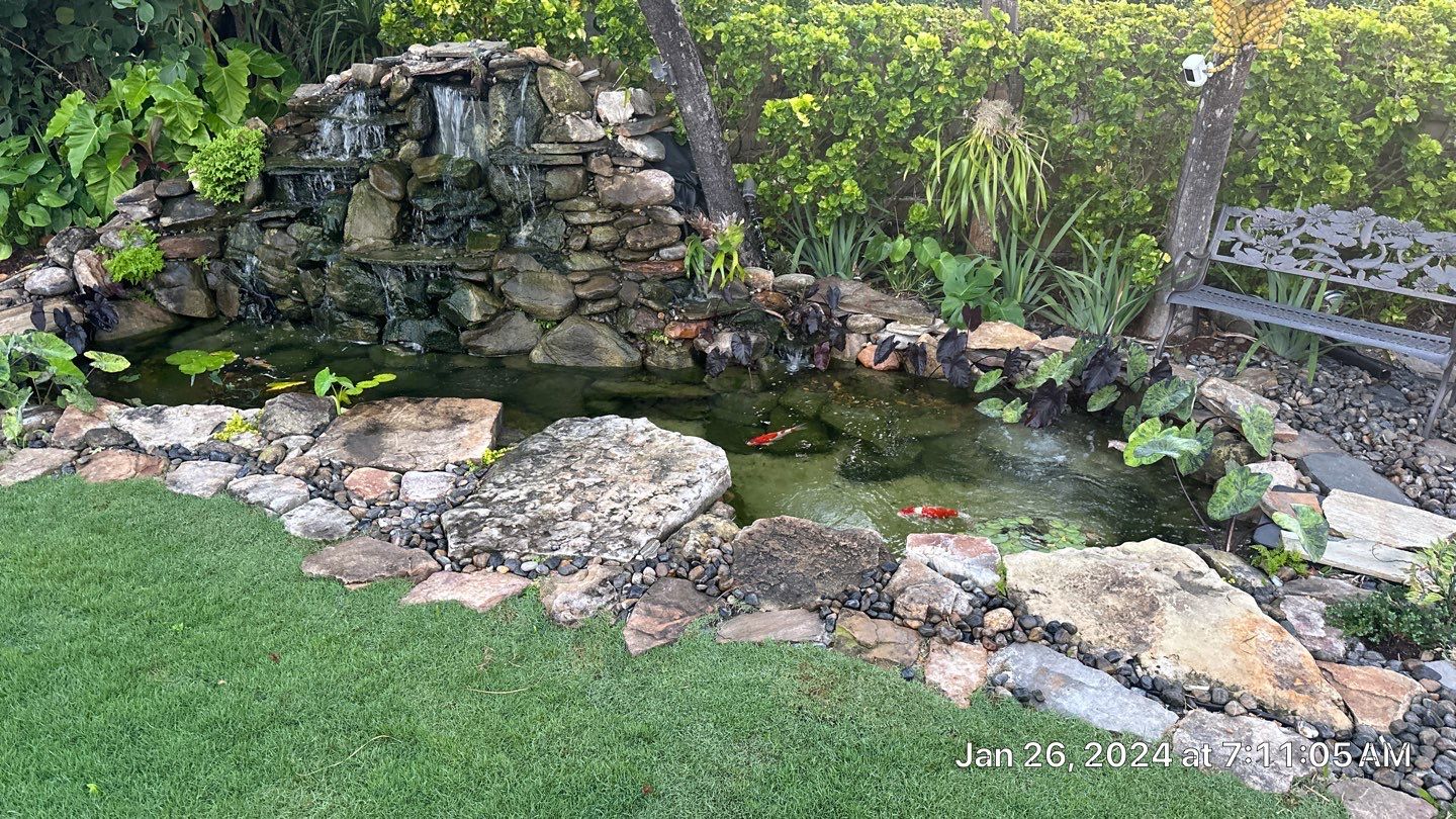 A Beautiful Relaxing Koi Pond with Waterfall in Pinecrest by Nature's Dream Landscape and Tree Service