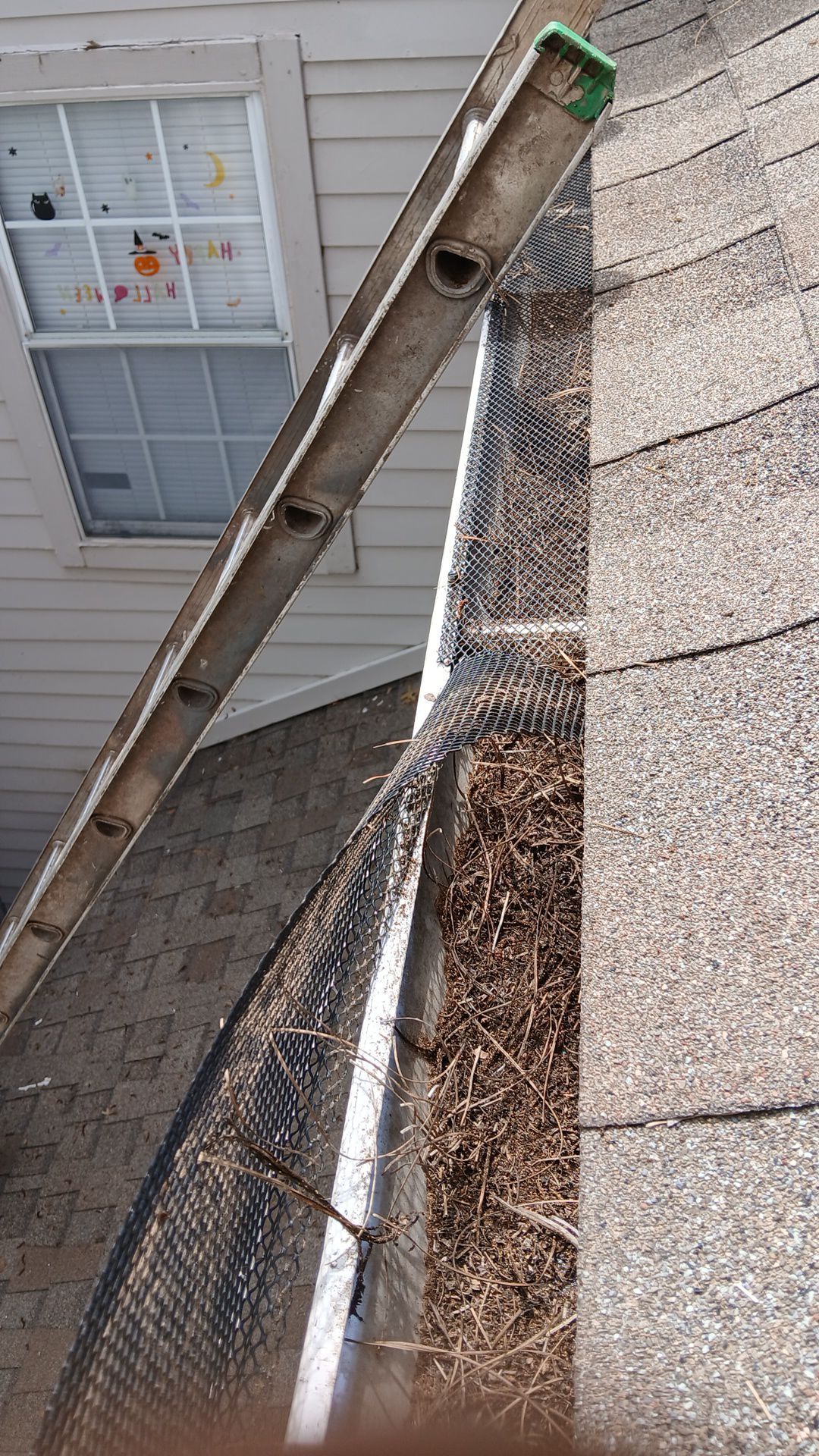 Commercial gutter cleaning Oklahoma before photo with filled gutters