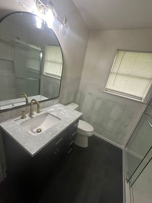 Tub to Walk in Shower and new vanity, mirror in Round Top