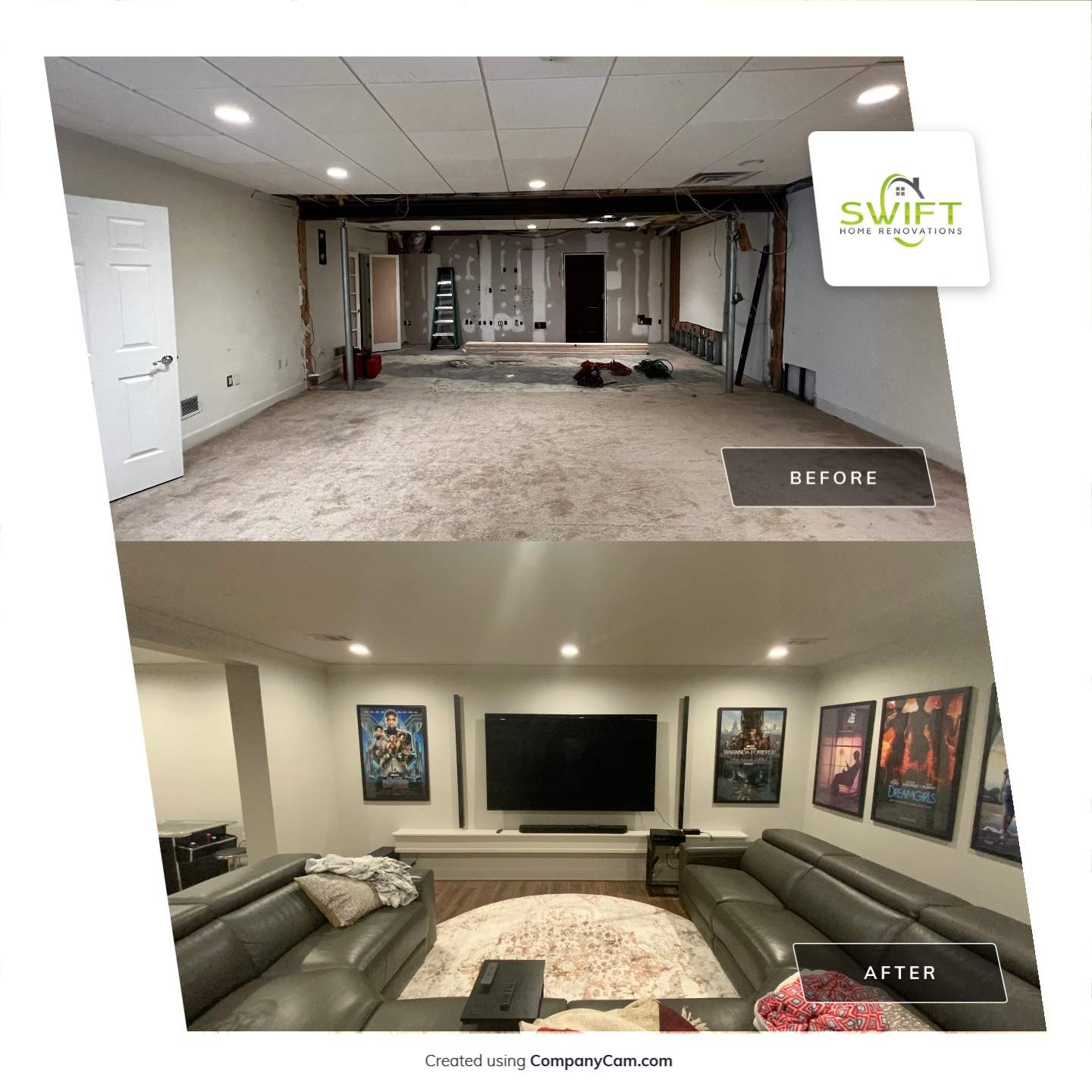Finished Basement Renovation Featuring Home Theater and Custom Wine Cellar by Swift Home Renovations