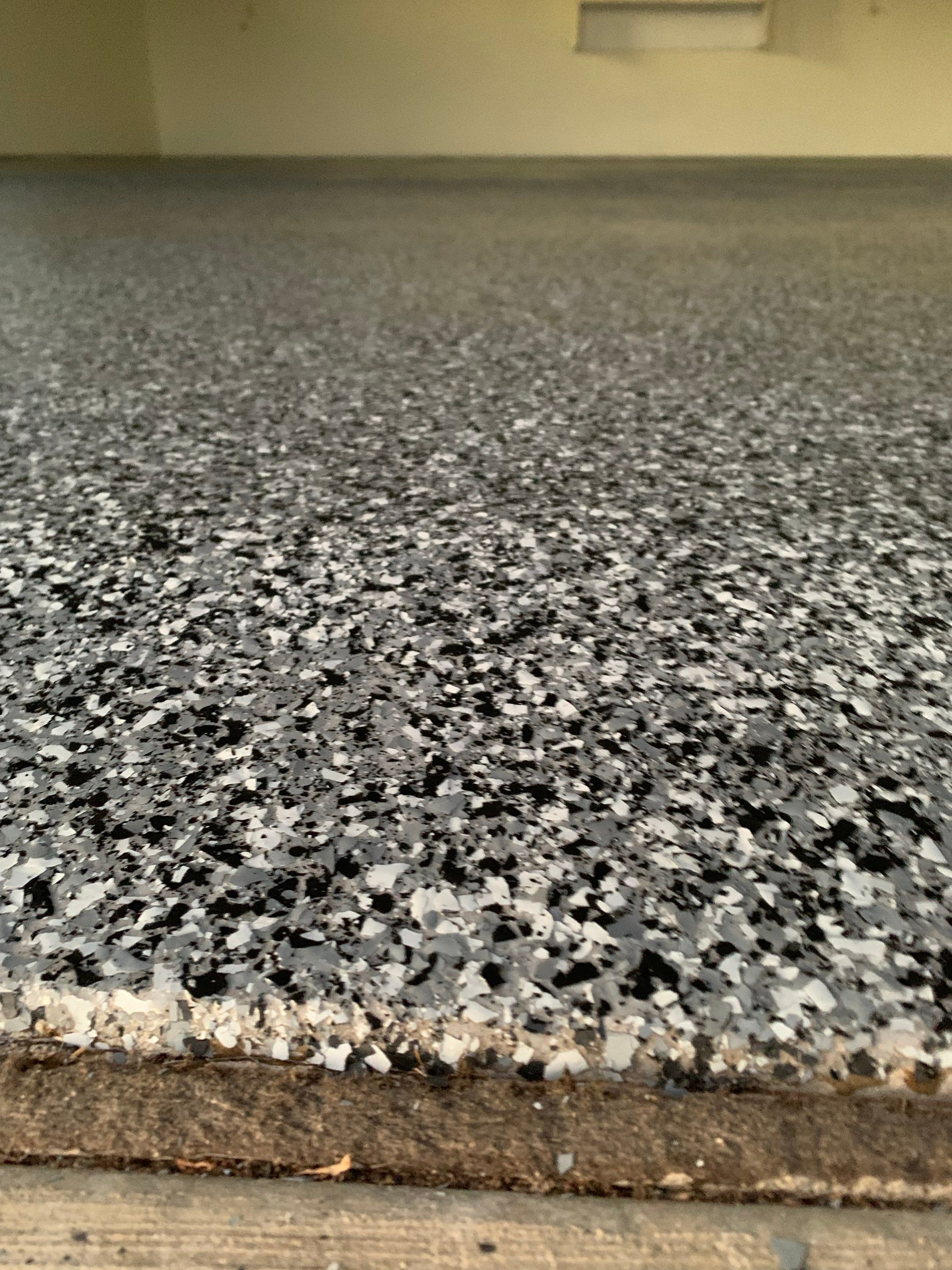 Speckled Epoxy Garage Floor Coating and Concrete Repair in Lennox by Select Painting, Coatings & Garage Cabinets