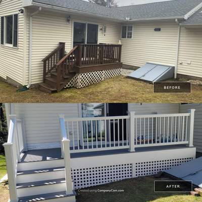Replacement back deck using Trex Pebble Gray boards, White Composite railings and lattice. 