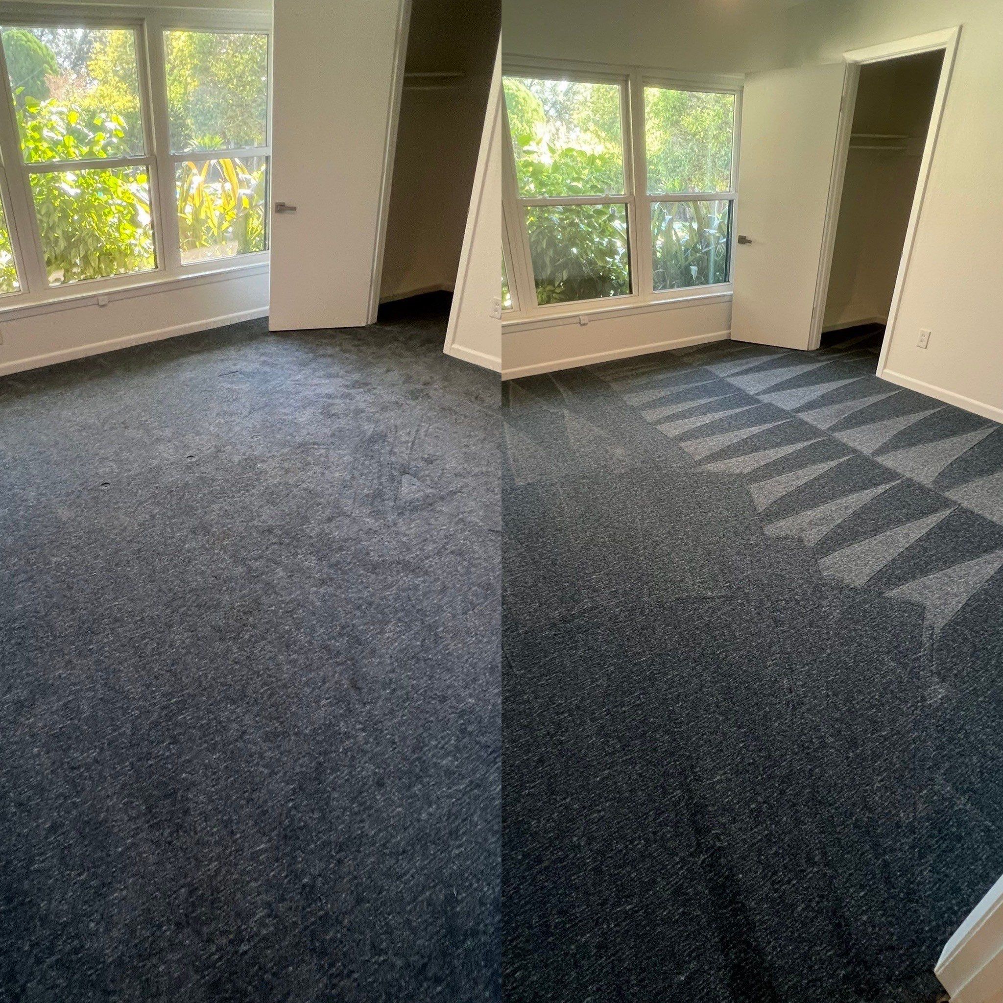 the service being done is carpet cleaning in a room showing before and after clean results