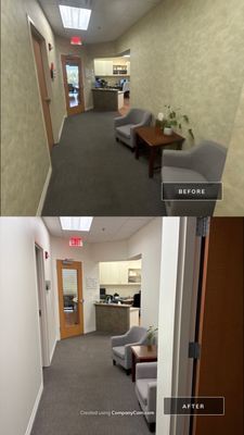 Before and after photo of a medical office hallway seating area repainted white by Hill Country Painting in Austin, TX