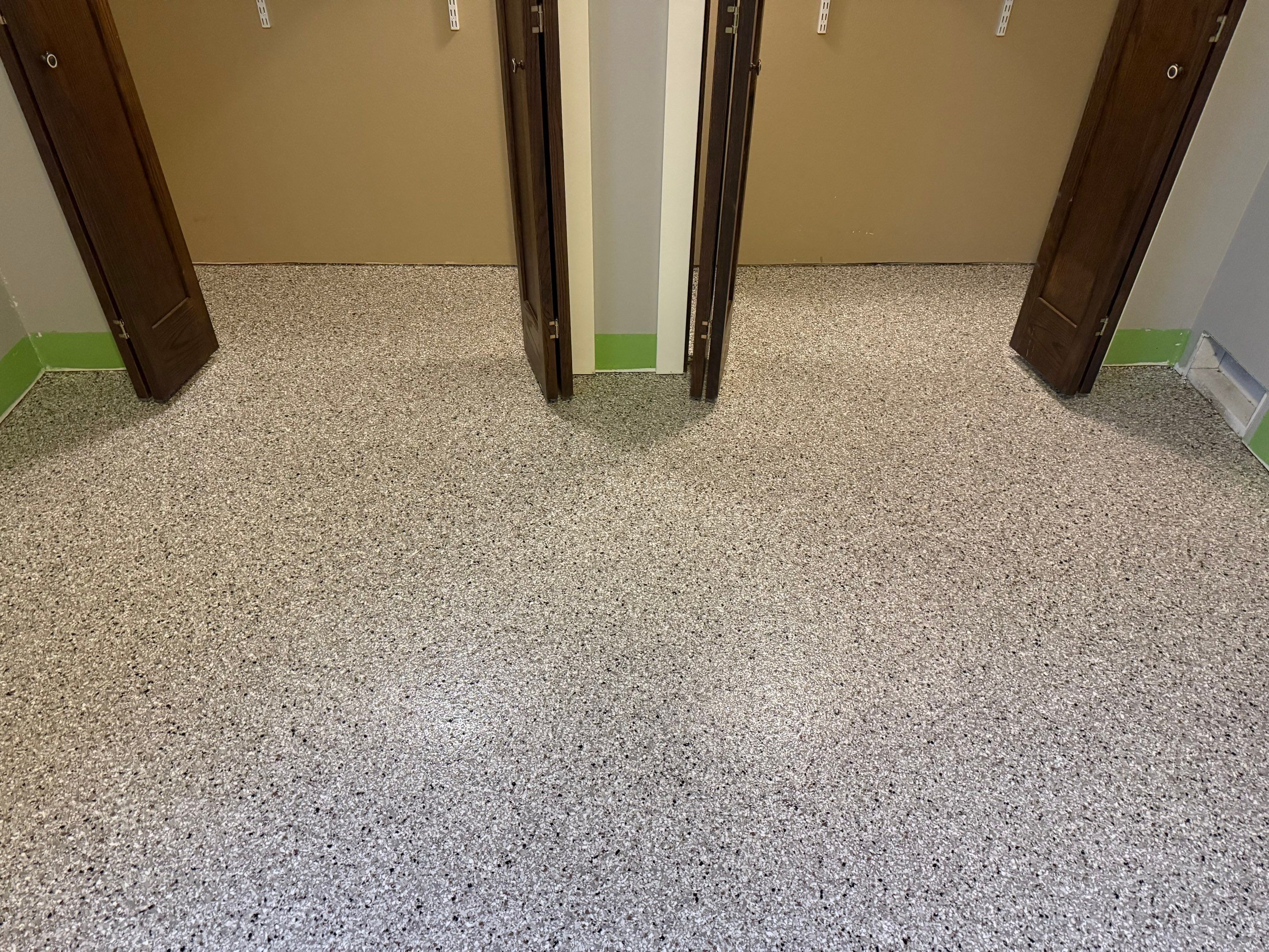 Decorative Flake Concrete Floor Coating for Larchwood Basement by Select Painting, Coatings & Garage Cabinets