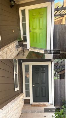 Before and after photo of a front door repainted by Hill Country Painting in Austin, TX
