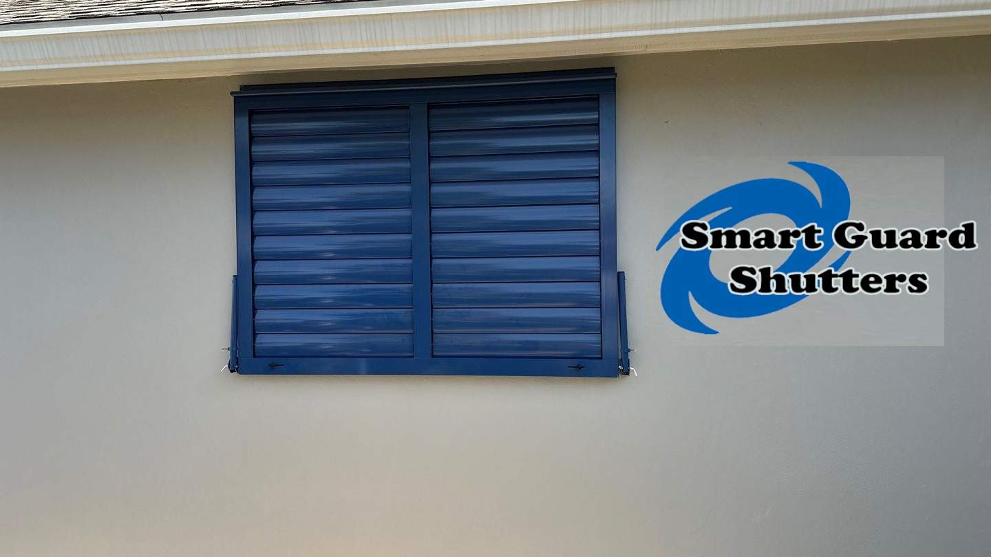 Hurricane Rated Bahama Shutters in Violet Blue / Motorized Bug Screen by Smart Guard Shutters